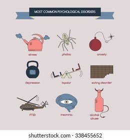 Set of color thin line common psychological disorders icons: depression, phobia, stress, insomnia, eating and bipolar disorder, anxiety, PTSD, alcohol abuse. Great for therapists, healthcare design.