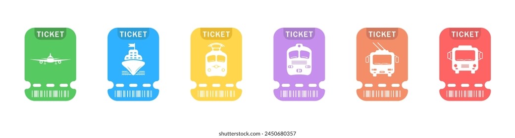 Set of color tickets for public transport vector. Payment cards in transport Travel tickets for, plane, train, bus, ship. Black icons of tourist tickets for pass transport. Ticket booking for tourism.