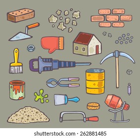 set of color tools and objects for construction. vector isolated