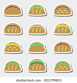 set of color tortilla tacos food stickers set eps10
