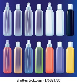 Set of color transparent and opaque small bottles for a cosmetic, domestic chemistry and cleansers for your visualizations of designs. CMYK