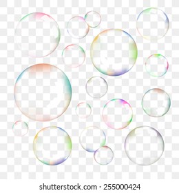 Set of color transparent vector soap bubbles