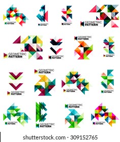 Set von geometrischen Mustern aus Farbdreiecken einzeln auf Weiß. Web, App-Hintergrund oder Unternehmensidentität, Präsentation und Bildschirmhintergrund