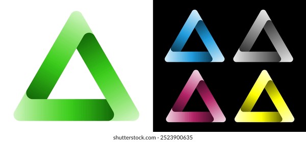 Set of color triangles with rounded corners. 3D design element, logo or icon template.