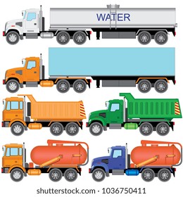 Set color truck car carrier, tractor, dump trucks, vacuum trucks on a white background