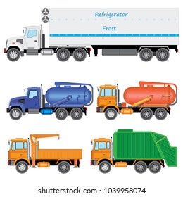 Set color truck car carrier, tractor, dump trucks, vacuum trucks on a white background