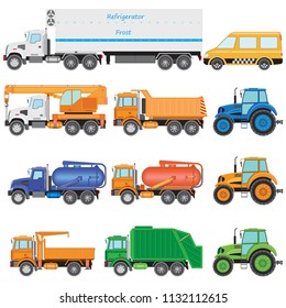 Set color truck car carrier, tractor, dump trucks, vacuum trucks, taxi on a white background