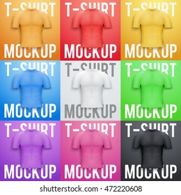 Set of color t-shirts on background. Front Product mockup and sample. Editable Vector Illustration