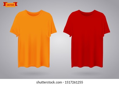 Set of color t-shirts realistic mockup. Front view. Vector illustration.