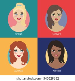Set color type of Women appearance -  skin and hair by winter, spring, summer and autumn types for makeup 