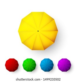 Set of color umbrellas. Top view of open parasol. Vector illustration isolated on white background