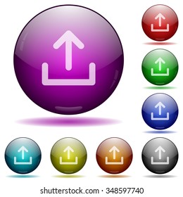 Set of color upload glass sphere buttons with shadows. Arranged layer structure.