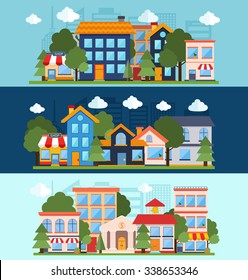 Set of color urban landscape and city life banners. Flat design modern vector illustration icons set of landscape and city life. Building icons