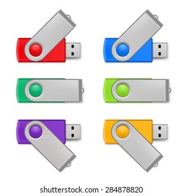 Set of color USB flash drive isolated on white background