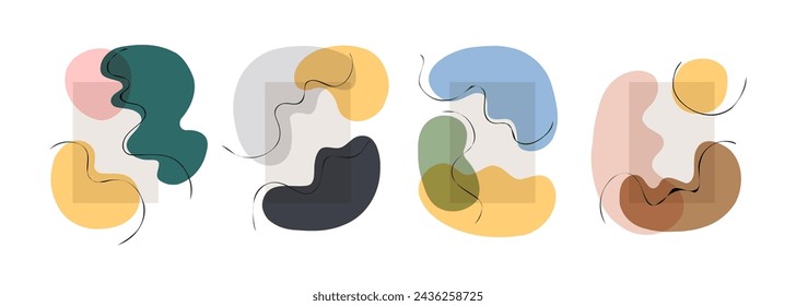 Conjunto de color varias formas dibujadas a mano abstractas y líneas onduladas negras para el diseño gráfico creativo. Ilustración vectorial.