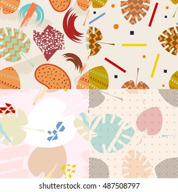 Set of color vector abstract seamless pattern in Memphis style. Textures Memphis with 
circles, triangles and leaves. Stock vector illustration