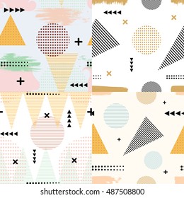 Set of color vector abstract seamless pattern in Memphis style. Textures Memphis with circles, triangles and spots. Stock vector illustration