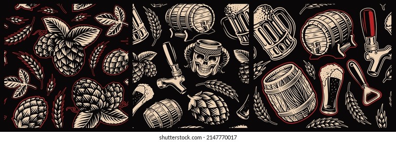 Set of color vector beer seamless backgrounds
