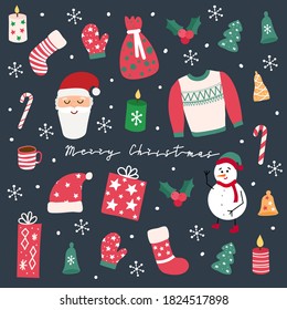 Set of Color vector Christmas elements. Snowflakes, Santa Claus, christmas tree, gifts, and other elements. Illustration with new year decor. Design for prints and cards. Vector illustration 