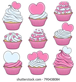 Set of color vector cupcakes with hearts. Isolated objects on white.