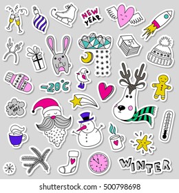 Set of color vector cute winter stickers, pins, patches. Doodle icons items in cartoon hand drawn style. Funny children drawing. Happy new year