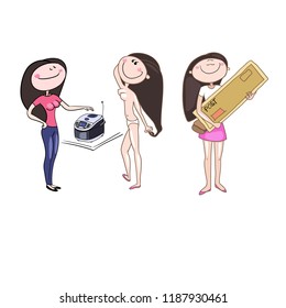 Set of color vector drawings, everyday female affairs