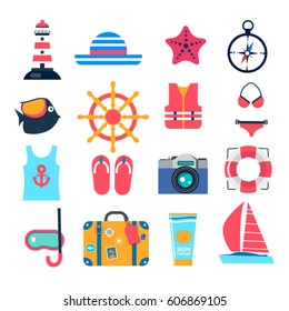 set of color vector flat icons for summer sea travel