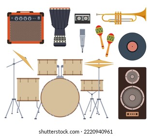 Set of color vector flat musical instruments. Vector music instruments icons. Vinyl record disc, microphone, music speaker, amplifier, african djembe drum, cassette, trumpet, maracas, drums set.