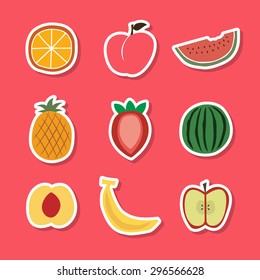Set of color vector fruits icons orange, peach, water melon, pine apple, strawberry, banana, apple in the coral(red, pink) background.