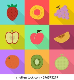 Set of color vector fruits icons strawberry, grape, pine apple, melon, oriental melon, kiwi, orange, peach in the colorful background.