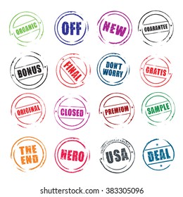 Set of color vector grunge stamps OFF, HERO, GRATIS, NEW, DEAL. Icon and outline illustration.