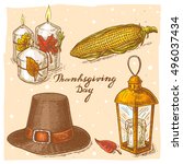 Set of color vector hand drawn illustrations of the candles with leaves, corn, pilgrim hat, lantern with candle and handwritten text Thanksgiving Day.Thanksgiving Day set in vintage style.