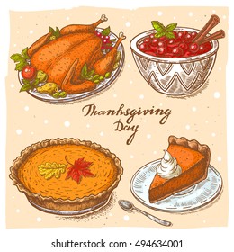 Set of color vector hand drawn illustrations of the roasted turkey, cranberry sauce, pumpkin pie, pumpkin slice and handwritten text Thanksgiving Day.Thanksgiving Day set in vintage style.