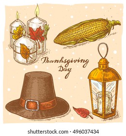 Set of color vector hand drawn illustrations of the candles with leaves, corn, pilgrim hat, lantern with candle and handwritten text Thanksgiving Day.Thanksgiving Day set in vintage style.