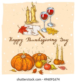 Set of color vector hand drawn illustrations of the wineglass,sheet of paper with words Thank You,pencil,pumpkins,fruits,candles,autumn leaves,apple,orange. Vector collection in vintage style.