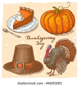 Set of color vector hand drawn illustrations of the pilgrim hat,pumpkin pie on the plate with spoon,pumpkin, turkey and handwritten text Thanksgiving Day.Thanksgiving Day collection in vintage style.