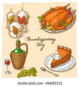 Set of color vector hand drawn illustrations of the candles,pumpkin pie on the plate with spoon,bottle of wine, roasted turkey and handwritten text Thanksgiving Day.Thanksgiving Day collection.