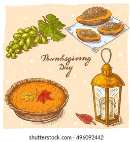 Set of color vector hand drawn illustrations of the bunch of grape,sweet potato,pumpkin pie, lantern with candle and handwritten text Thanksgiving Day.Thanksgiving Day collection in vintage style.