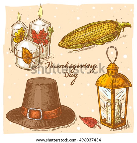 Set of color vector hand drawn illustrations of the candles with leaves, corn, pilgrim hat, lantern with candle and handwritten text Thanksgiving Day.Thanksgiving Day set in vintage style.