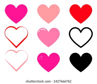 Set Of Color Vector Hearts For Social App Icons, Live Stream, Chat, Likes. Love Icon, Symbol Or Button On White. Pink Hearts For Wedding.