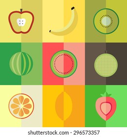 Set of color vector icons apple, oriental melon, kiwi, water melon, melon, orange, lemon, strawberry in the color background.