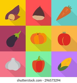 Set of color vector icons corn, pimento, garlic, carrot, chestnut, sweet potato(yam), peach, pumpkin, eggplant in the color background.