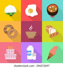 Set of color vector icons ice cream, Soybean Paste Soup, coffee, bread, birthday cake, rice, milk, egg, doughnut in the colorful background.