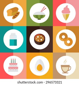 Set of color vector icons ice cream, Soybean Paste Soup, coffee, bread, birthday cake, rice, milk, egg, doughnut in the colorful background.