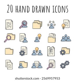 Set of color vector icons of management, office work, documents, team, training and work. Simple flat signs and symbols for the design of a website or application. Hand drawn design elements