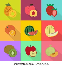 Set of color vector icons peach, orange(mandarin, tangerine), strawberry, water melon, pine apple, melon, apple, oriental melon, kiwi with cross section(aspect, side) in the color background.
