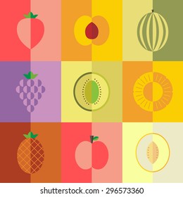 Set of color vector icons peach, strawberry, water melon, grape, melon, peach, pine apple in the color background.