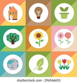 Set of color vector icons pot, bulb, house, earth, leaf, flowers, tree in the colorful background.