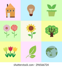 Set of color vector icons pot, bulb, house, earth, leaf, flowers, tree in the color background.