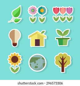 Set of color vector icons pot, bulb, house, earth, leaf, flowers, tree in the blue(cyan) background.